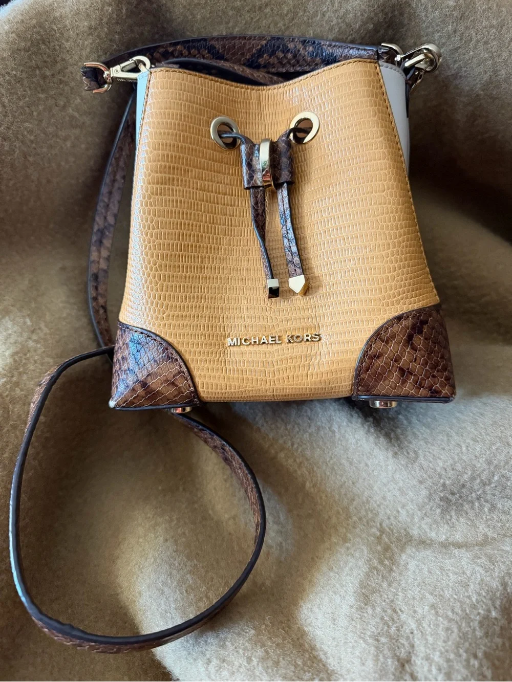 Michael Kors Tan, Cream & Brown Snake Print Mini Bucket Crossbody w/ Top Handle
